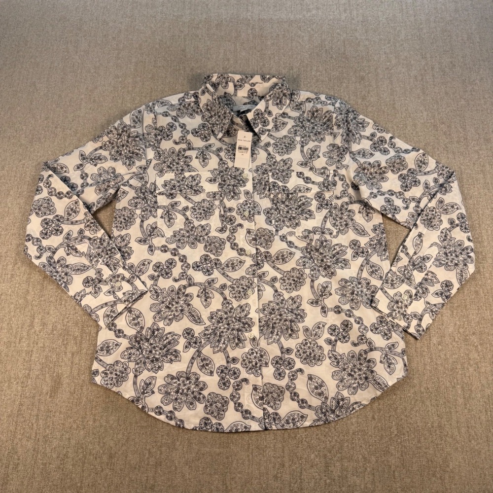 NWT Ann Taylor Button Down Women M White Navy Paisley Floral Cotton Top